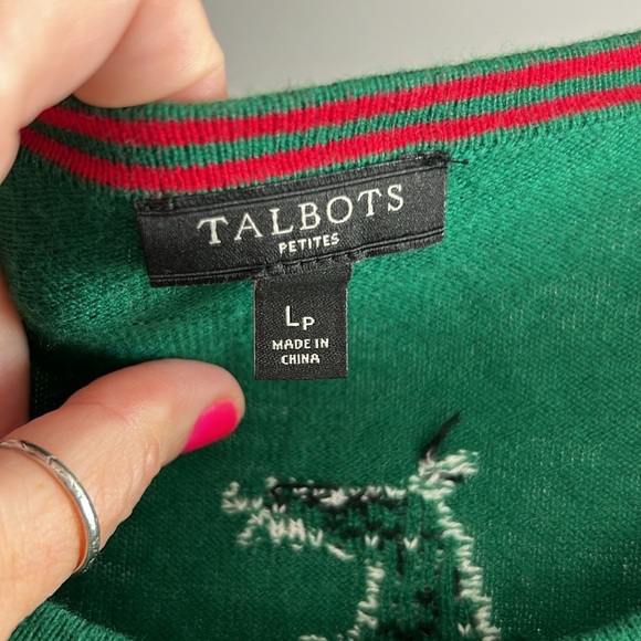 Talbots Women's Size LP Green Cashmere Cardigan Sweater Dalmation Dog Design - Picture 4 of 8
